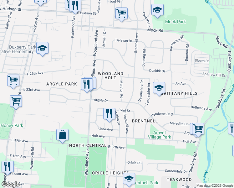 map of restaurants, bars, coffee shops, grocery stores, and more near 1778 Marston Road in Columbus