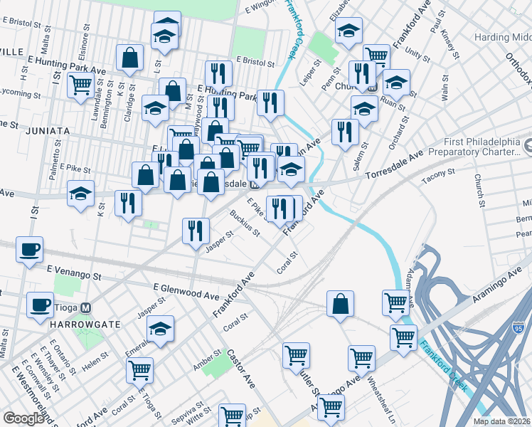 map of restaurants, bars, coffee shops, grocery stores, and more near 3879 Jasper Street in Philadelphia