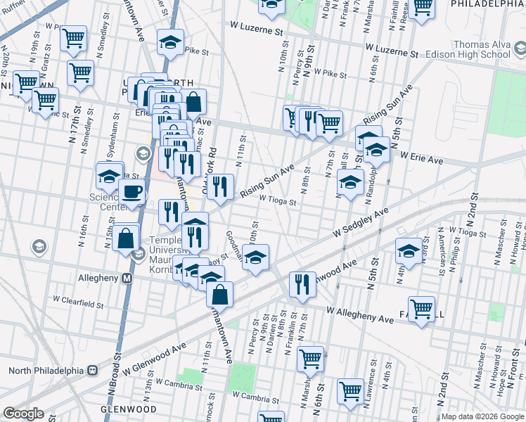 map of restaurants, bars, coffee shops, grocery stores, and more near 1013 West Schiller Street in Philadelphia