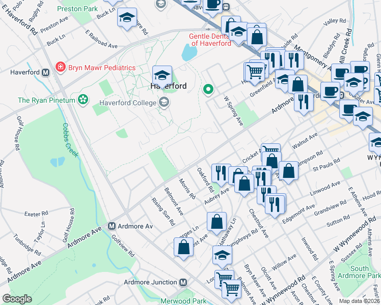 map of restaurants, bars, coffee shops, grocery stores, and more near 505 Village Sussex Road in Ardmore