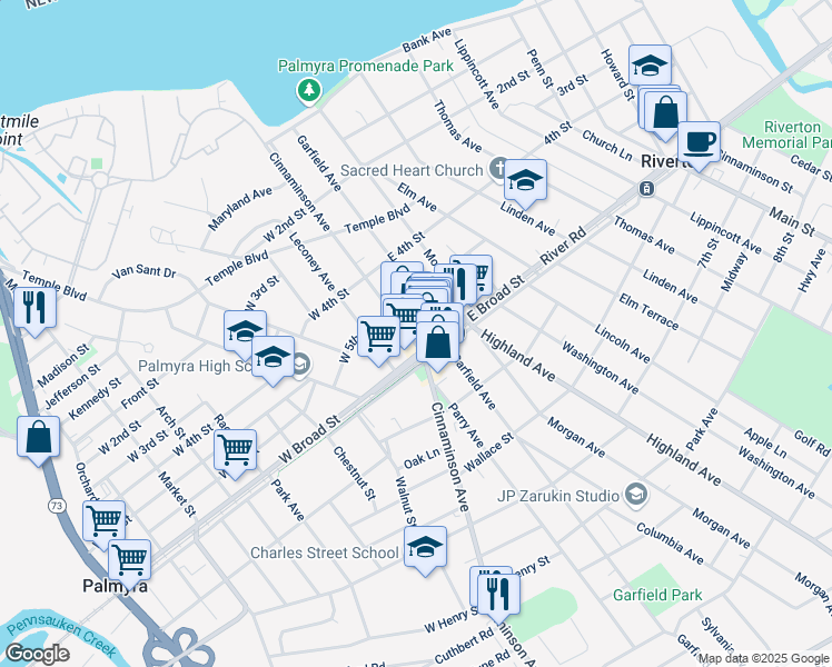 map of restaurants, bars, coffee shops, grocery stores, and more near 508 Cinnaminson Avenue in Palmyra