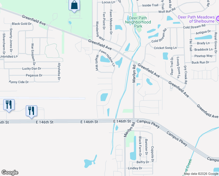 map of restaurants, bars, coffee shops, grocery stores, and more near 14783 White Tail Run in Noblesville