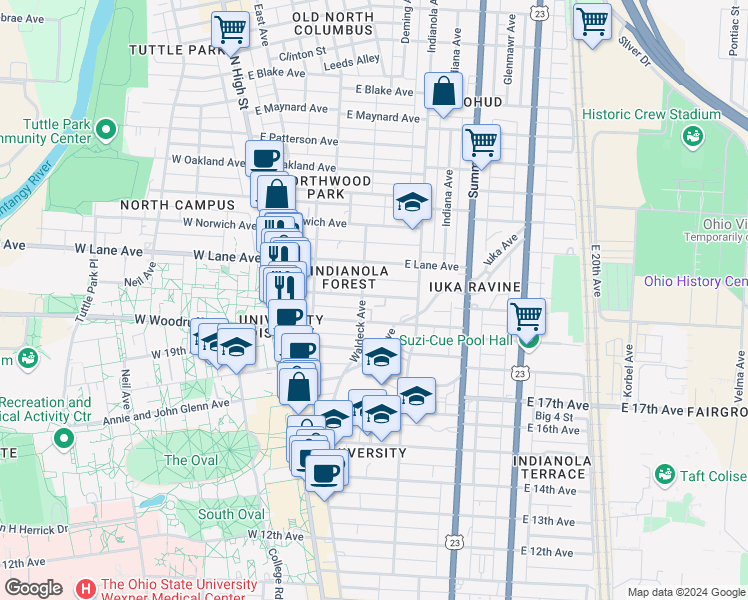 map of restaurants, bars, coffee shops, grocery stores, and more near in Columbus