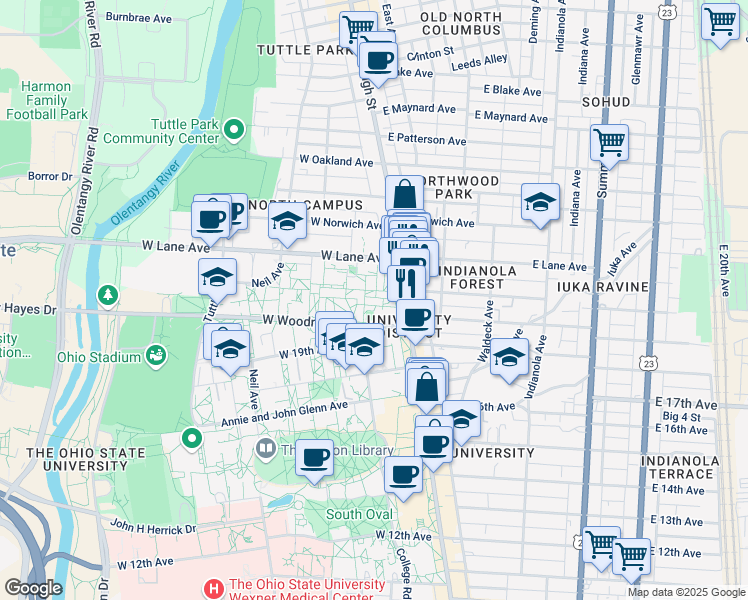 map of restaurants, bars, coffee shops, grocery stores, and more near 23 Curl Drive in Columbus