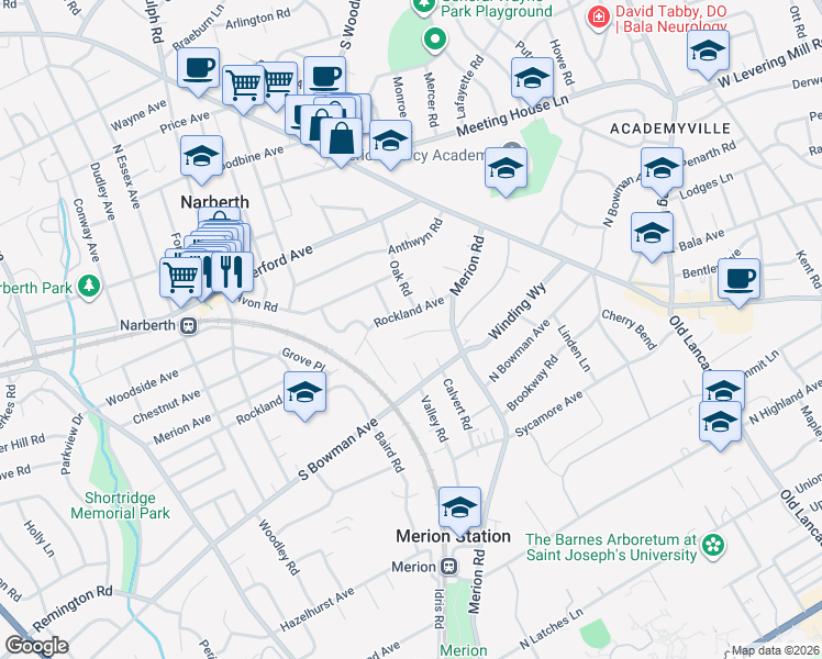 map of restaurants, bars, coffee shops, grocery stores, and more near 454 Rockland Avenue in Narberth