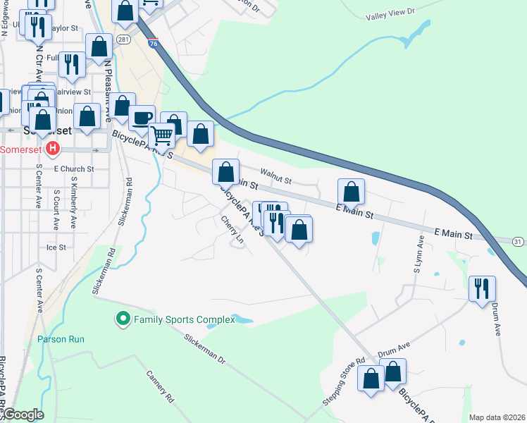 map of restaurants, bars, coffee shops, grocery stores, and more near 139 Oak Street in Somerset