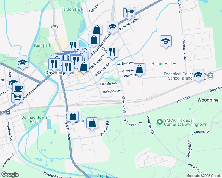 map of restaurants, bars, coffee shops, grocery stores, and more near 341 Jackson Avenue in Downingtown