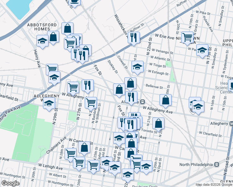 map of restaurants, bars, coffee shops, grocery stores, and more near 3203 Fox Street in Philadelphia