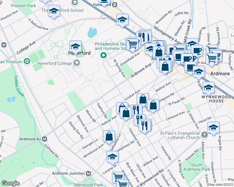 map of restaurants, bars, coffee shops, grocery stores, and more near 818 Clifford Avenue in Ardmore