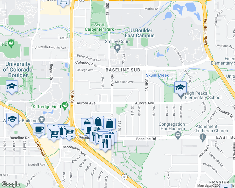 map of restaurants, bars, coffee shops, grocery stores, and more near 3065 Denton Avenue in Boulder
