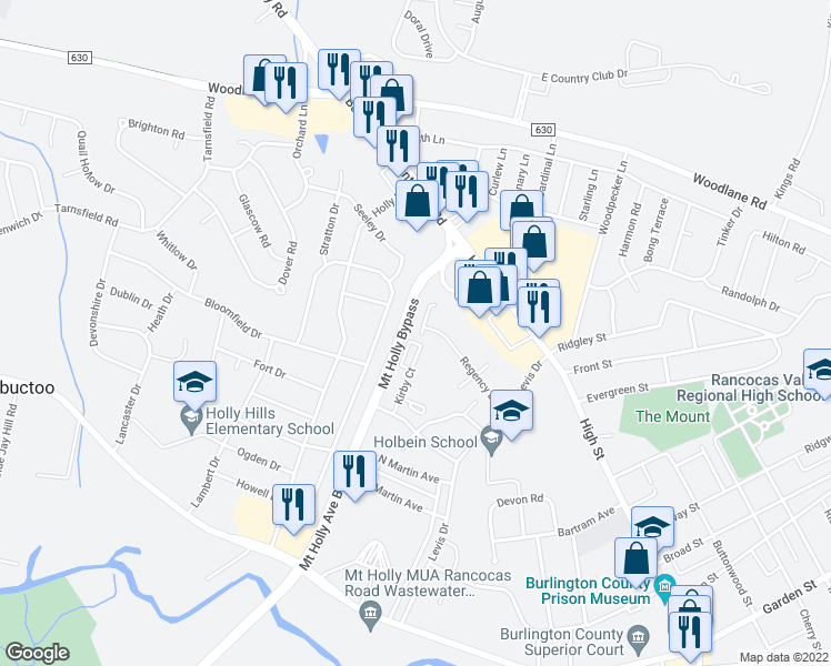 map of restaurants, bars, coffee shops, grocery stores, and more near 4 Parliament Drive in Mount Holly