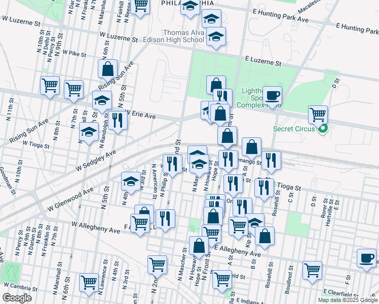 map of restaurants, bars, coffee shops, grocery stores, and more near 143 West Glenwood Avenue in Philadelphia