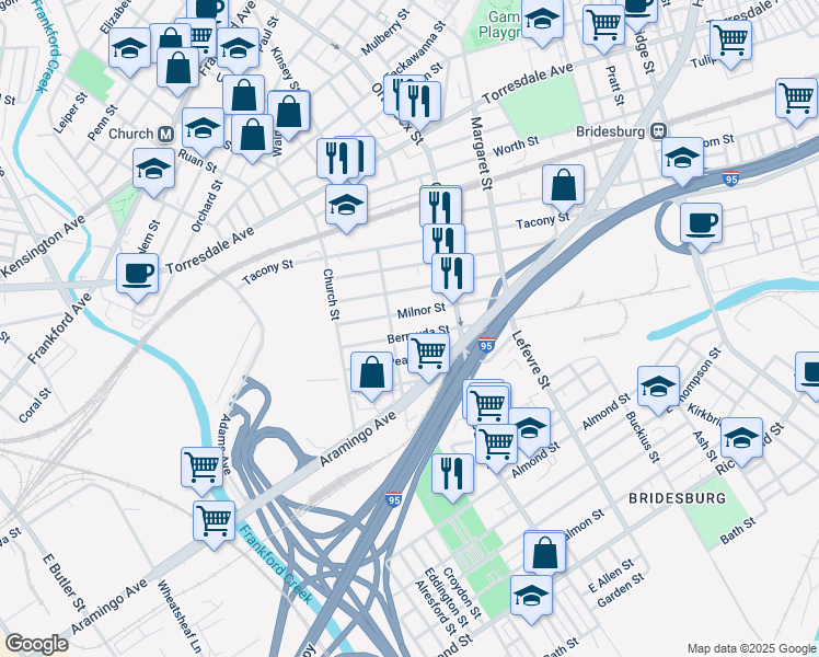 map of restaurants, bars, coffee shops, grocery stores, and more near 4528 Bermuda Street in Philadelphia