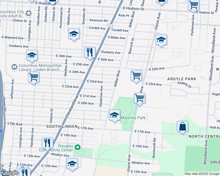 map of restaurants, bars, coffee shops, grocery stores, and more near 1503 East 23rd Avenue in Columbus