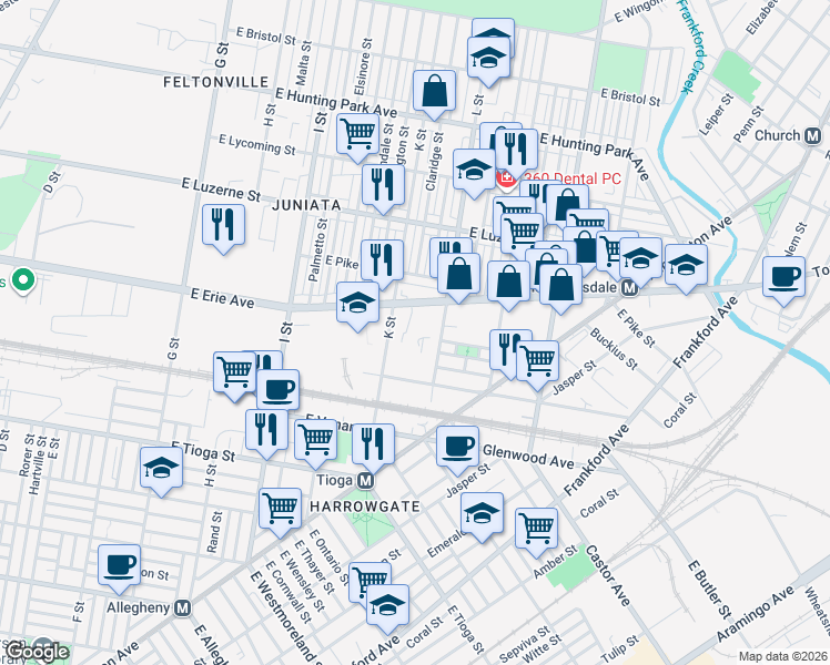 map of restaurants, bars, coffee shops, grocery stores, and more near 3745 K St in Philadelphia