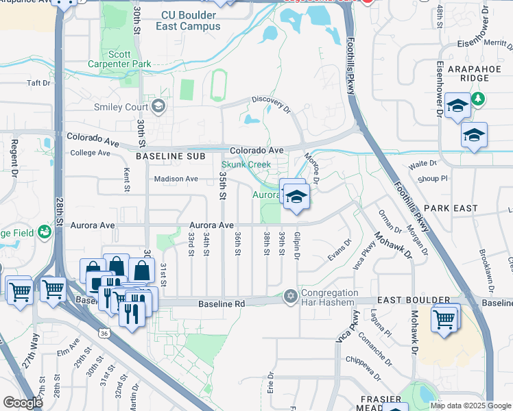 map of restaurants, bars, coffee shops, grocery stores, and more near 960 37th Street in Boulder