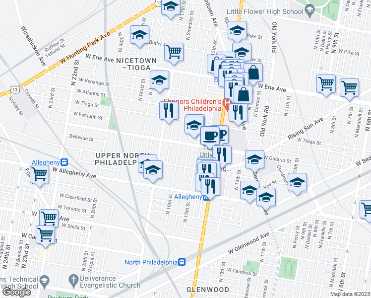 map of restaurants, bars, coffee shops, grocery stores, and more near 3352 North Sydenham Street in Philadelphia
