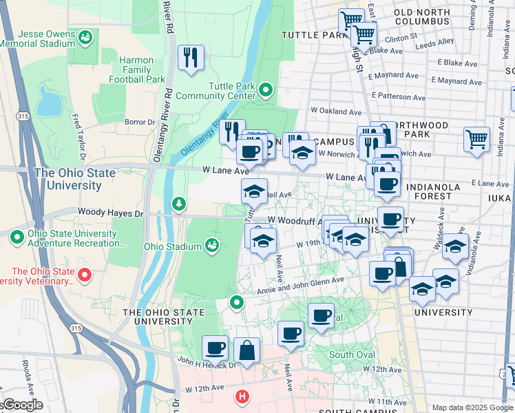 map of restaurants, bars, coffee shops, grocery stores, and more near 2110 Tuttle Park Place in Columbus