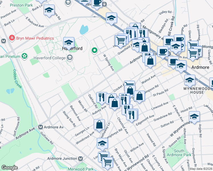 map of restaurants, bars, coffee shops, grocery stores, and more near 818 Clifford Avenue in Ardmore