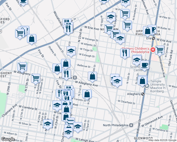map of restaurants, bars, coffee shops, grocery stores, and more near 3315 North 21st Street in Philadelphia
