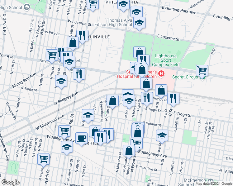 map of restaurants, bars, coffee shops, grocery stores, and more near 197 West Glenwood Avenue in Philadelphia