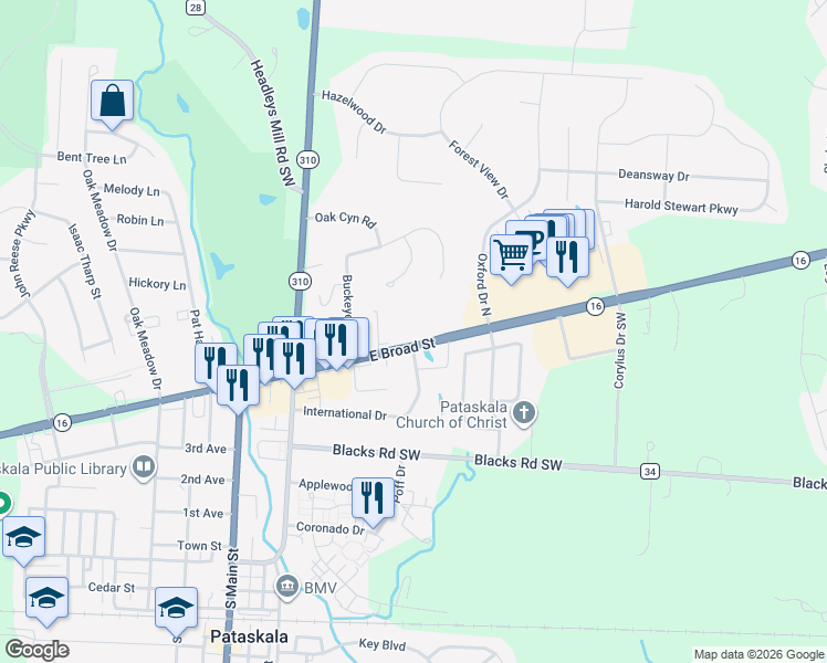 map of restaurants, bars, coffee shops, grocery stores, and more near 572 East Broad Street in Pataskala