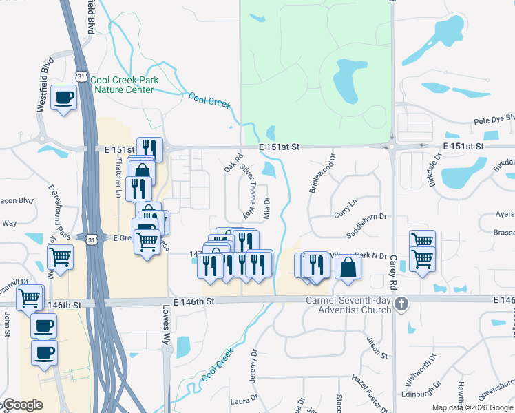 map of restaurants, bars, coffee shops, grocery stores, and more near 14960 Mia Drive in Carmel