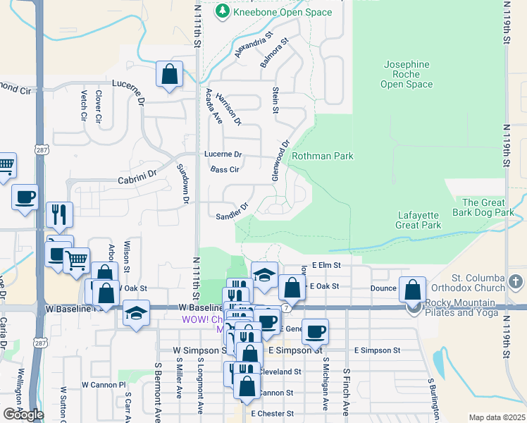 map of restaurants, bars, coffee shops, grocery stores, and more near 304 Sandler Drive in Lafayette