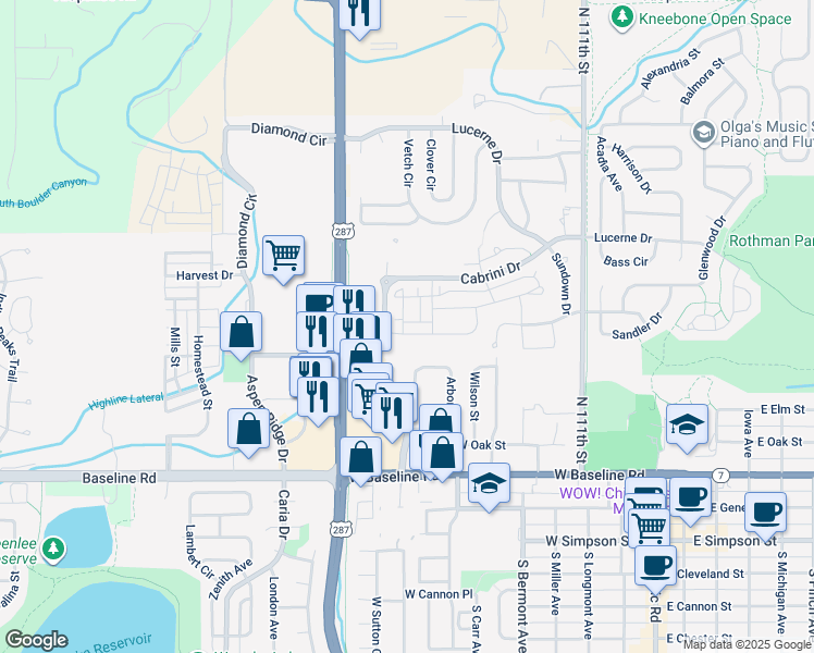 map of restaurants, bars, coffee shops, grocery stores, and more near Cristo Lane in Lafayette