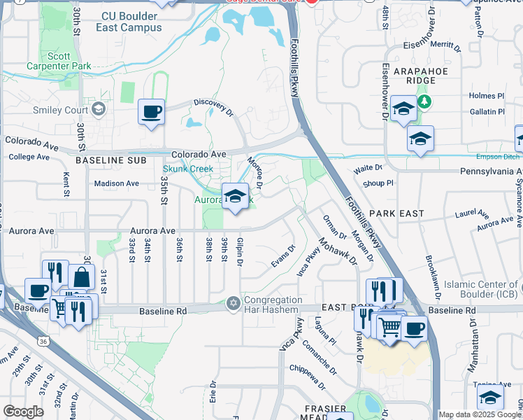 map of restaurants, bars, coffee shops, grocery stores, and more near 4110 Monroe Drive in Boulder