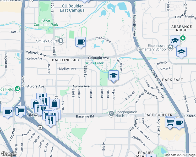 map of restaurants, bars, coffee shops, grocery stores, and more near 960 37th Street in Boulder