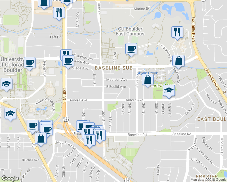 map of restaurants, bars, coffee shops, grocery stores, and more near 3100 Euclid Avenue in Boulder