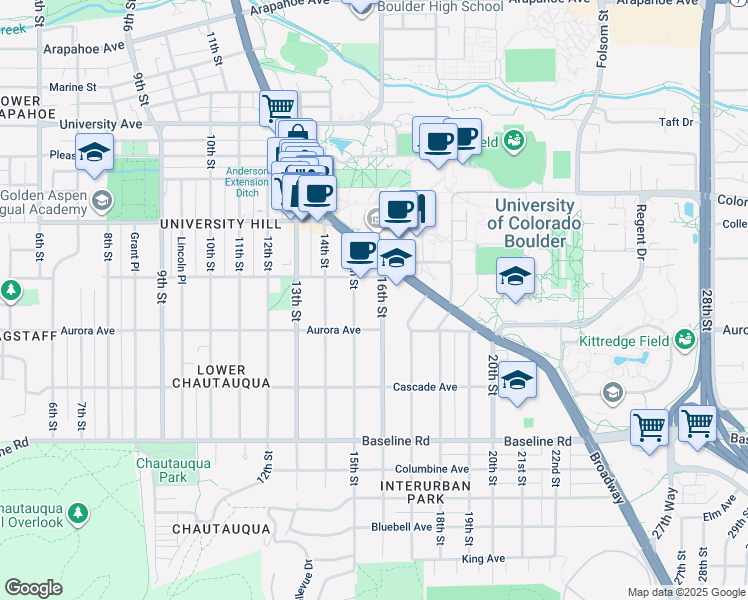 map of restaurants, bars, coffee shops, grocery stores, and more near 985 16th Street in Boulder