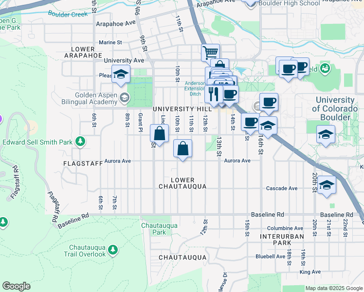 map of restaurants, bars, coffee shops, grocery stores, and more near 965 11th Street in Boulder