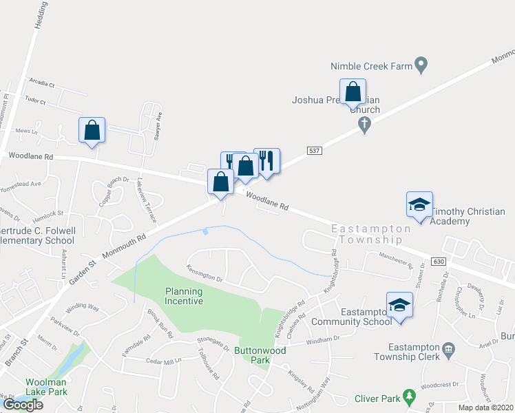 map of restaurants, bars, coffee shops, grocery stores, and more near 1124 Patriot Way in Eastampton Township