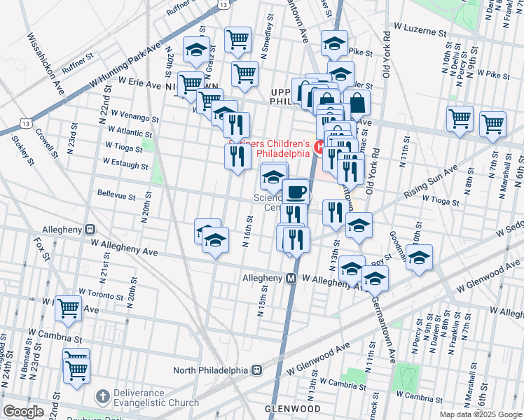 map of restaurants, bars, coffee shops, grocery stores, and more near 3352 North Sydenham Street in Philadelphia