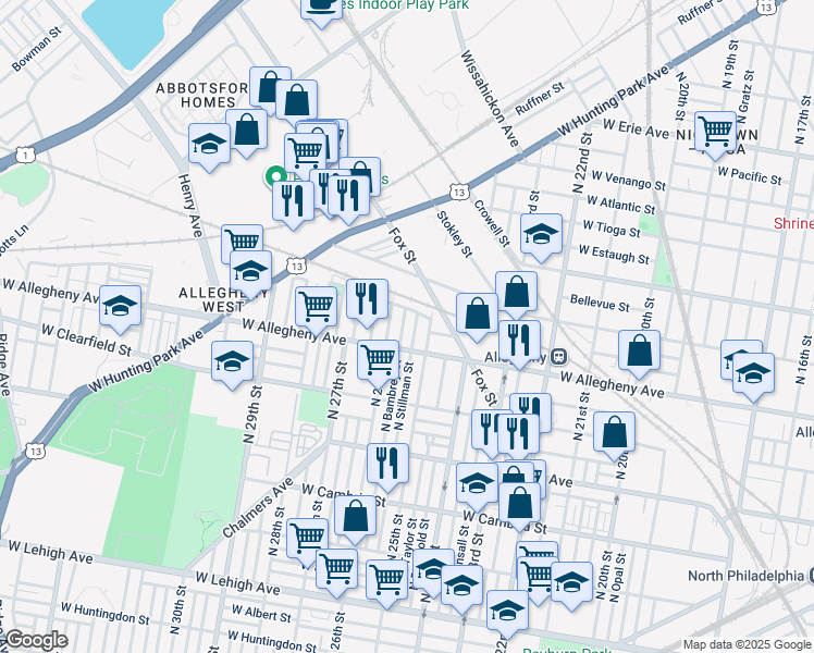 map of restaurants, bars, coffee shops, grocery stores, and more near 3241 North Stillman Street in Philadelphia