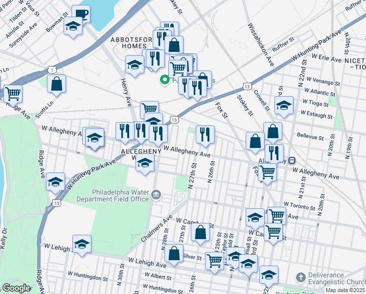 map of restaurants, bars, coffee shops, grocery stores, and more near 3215 North Newkirk Street in Philadelphia