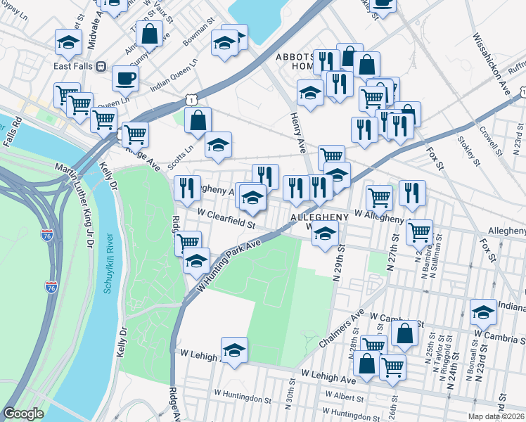 map of restaurants, bars, coffee shops, grocery stores, and more near 3158 West Allegheny Avenue in Philadelphia
