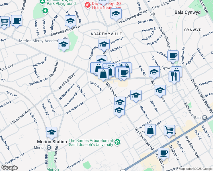 map of restaurants, bars, coffee shops, grocery stores, and more near 314 Old Lancaster Road in Merion Station