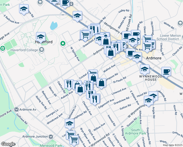 map of restaurants, bars, coffee shops, grocery stores, and more near 1 West Spring Avenue in Ardmore