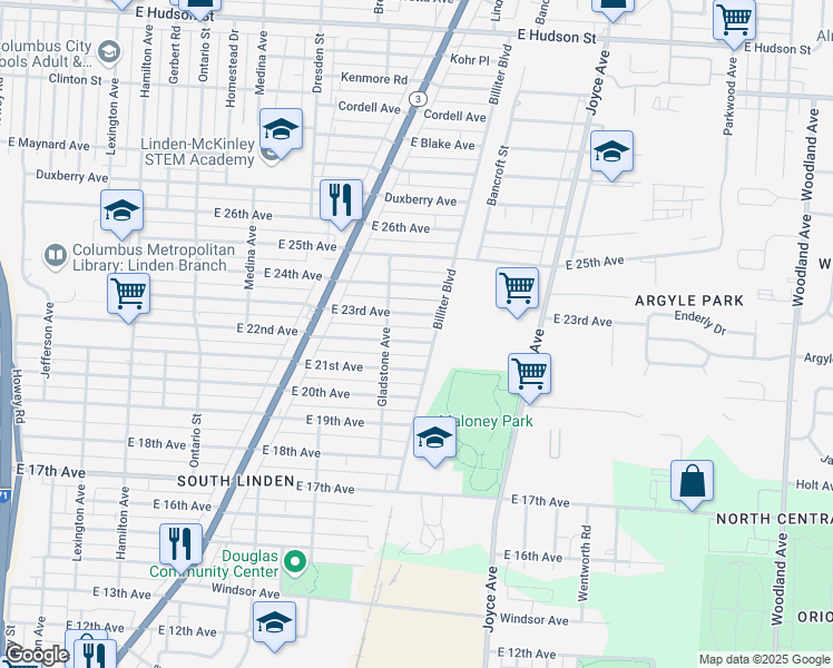 map of restaurants, bars, coffee shops, grocery stores, and more near 1503 East 23rd Avenue in Columbus