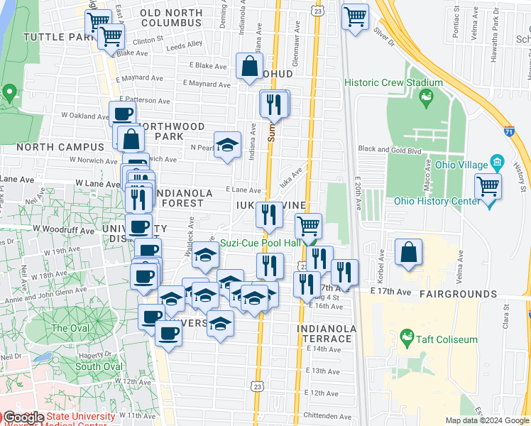 map of restaurants, bars, coffee shops, grocery stores, and more near 2034 Iuka Avenue in Columbus