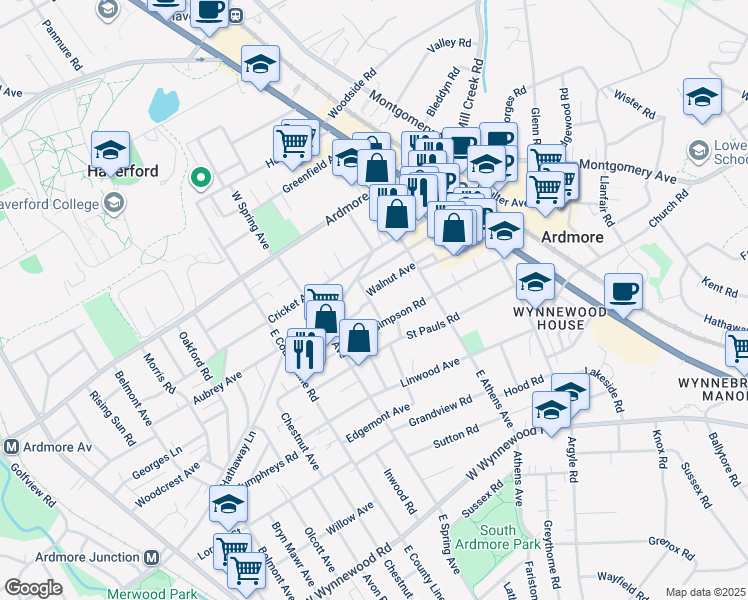 map of restaurants, bars, coffee shops, grocery stores, and more near 125 Walnut Avenue in Ardmore