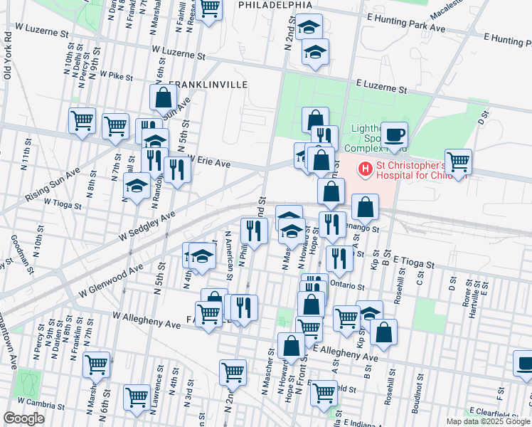 map of restaurants, bars, coffee shops, grocery stores, and more near 191 West Glenwood Avenue in Philadelphia