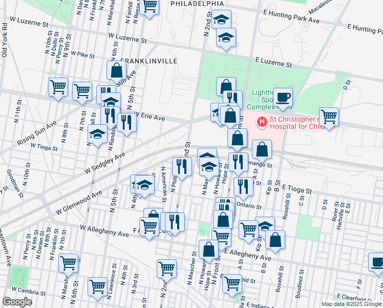 map of restaurants, bars, coffee shops, grocery stores, and more near 187 West Glenwood Avenue in Philadelphia