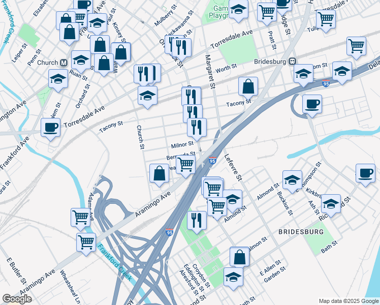 map of restaurants, bars, coffee shops, grocery stores, and more near 4560 Bermuda Street in Philadelphia