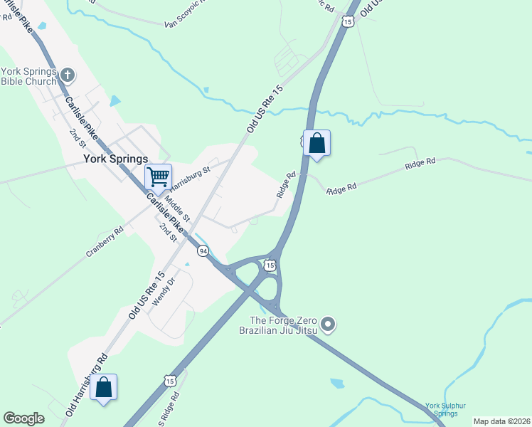 map of restaurants, bars, coffee shops, grocery stores, and more near 120 Ridge Road in York Springs