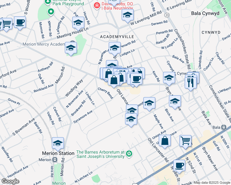 map of restaurants, bars, coffee shops, grocery stores, and more near 203 Sycamore Avenue in Merion Station