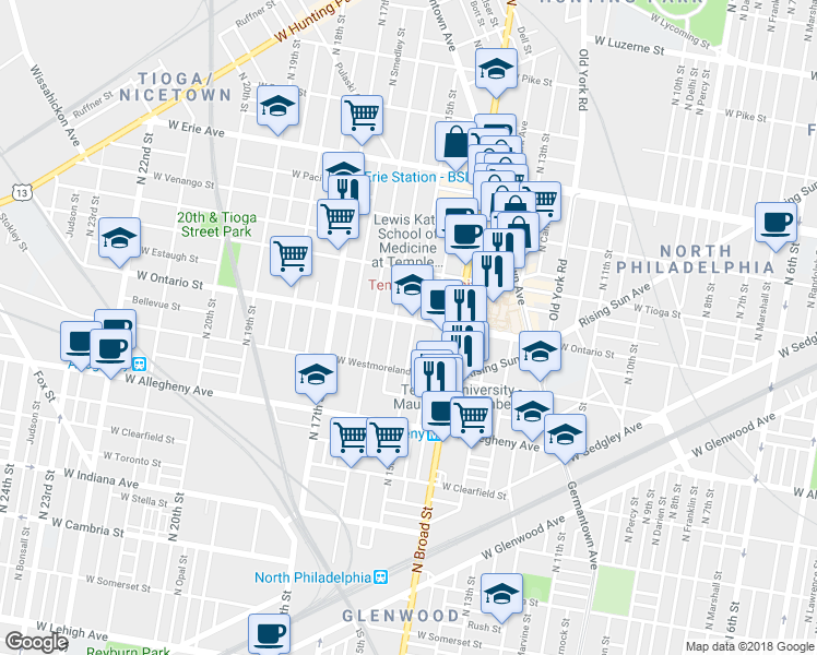map of restaurants, bars, coffee shops, grocery stores, and more near 3346 North 15th Street in Philadelphia